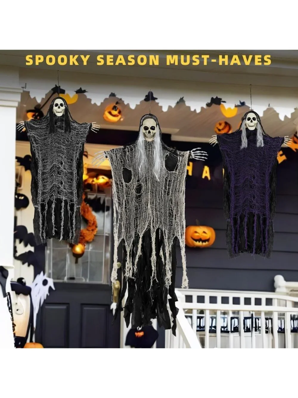 Set of 3 Halloween Scary Hanging Ghosts Grim Reaper Skeleton Haunted House Decor